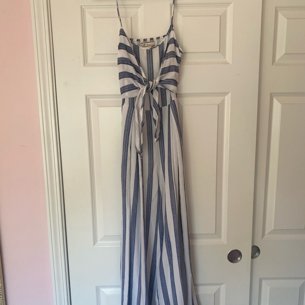 blue and white striped pantsuit